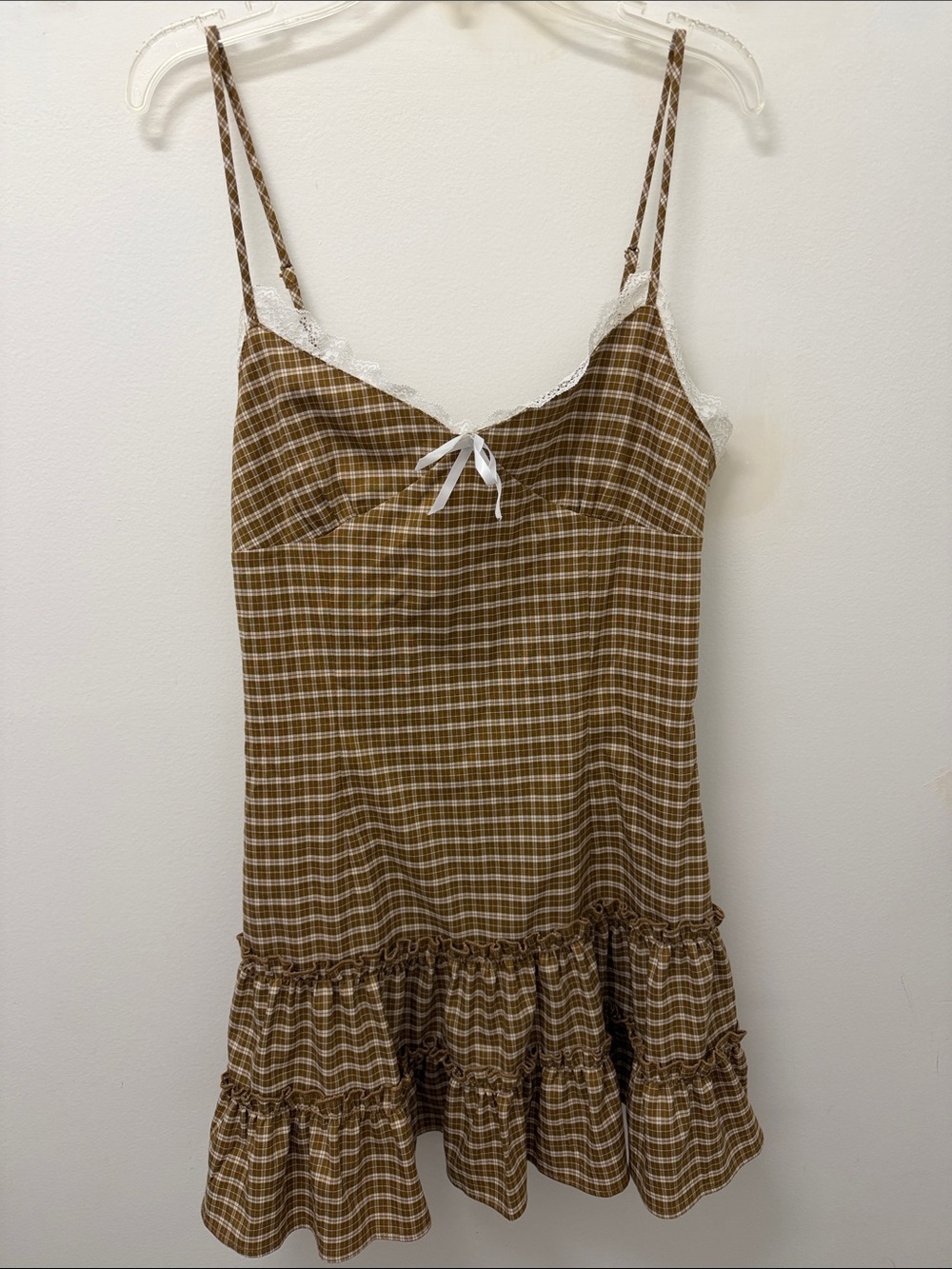 Lioness Brown Plaid Mini Dress with White Lace Trim